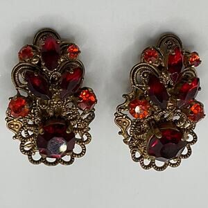 Western Germany Signed Womens Gold Tone Clip On Fashion Earrings Red Crystals